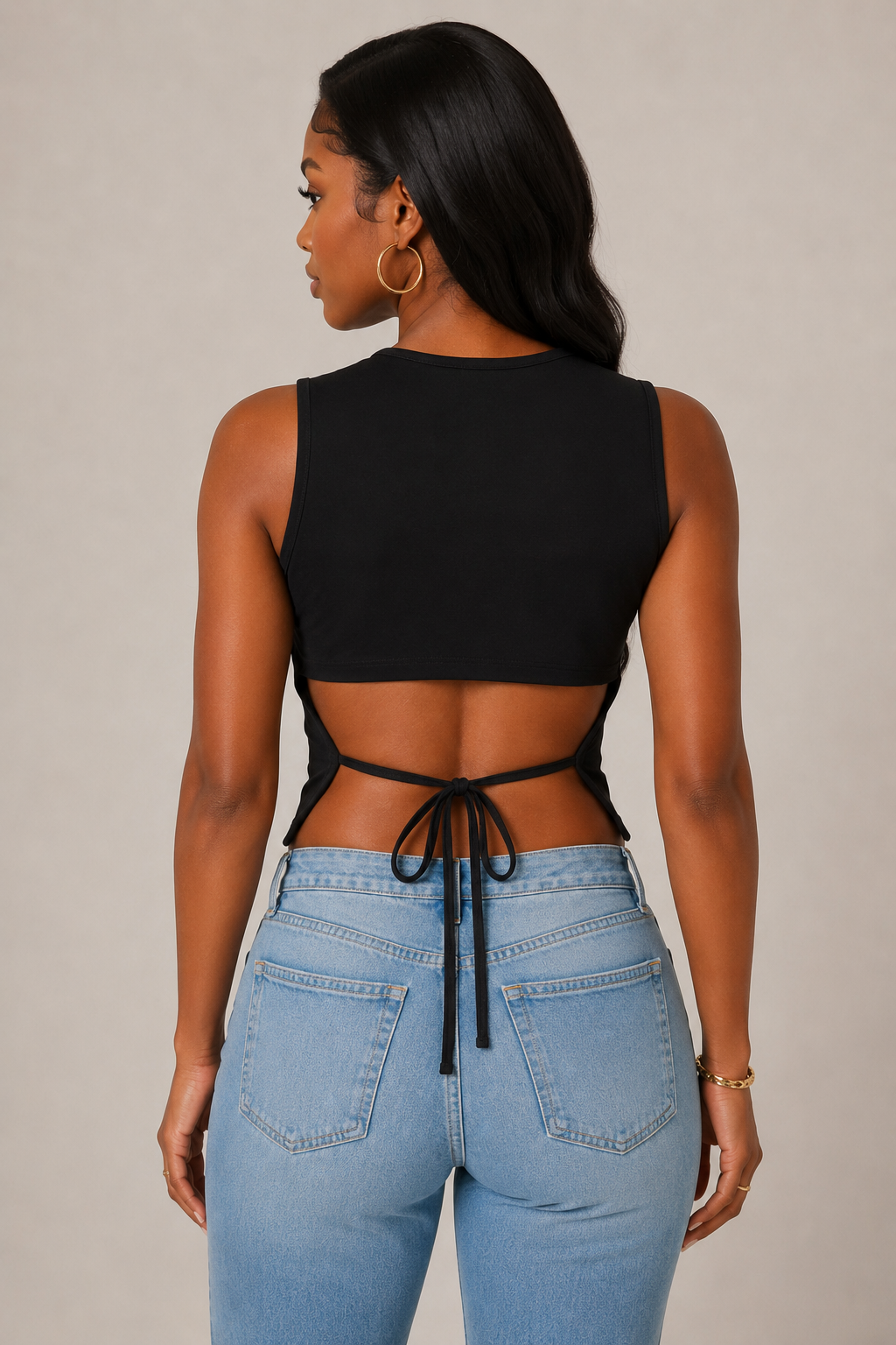 Open back tie ribbed crop tank in black — back view