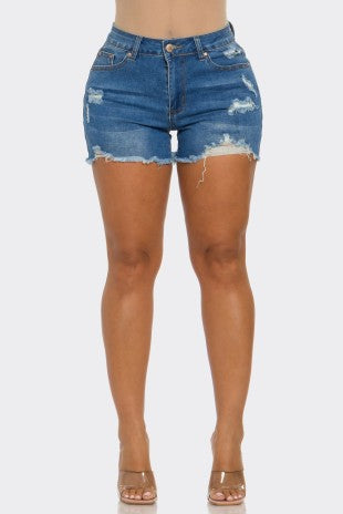 Medium wash distressed denim shorts - front view