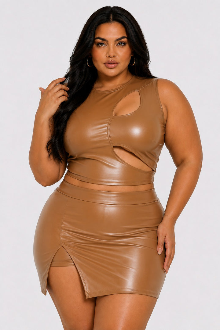 Plus size faux leather cutout crop top and mini skirt set in caramel — front view