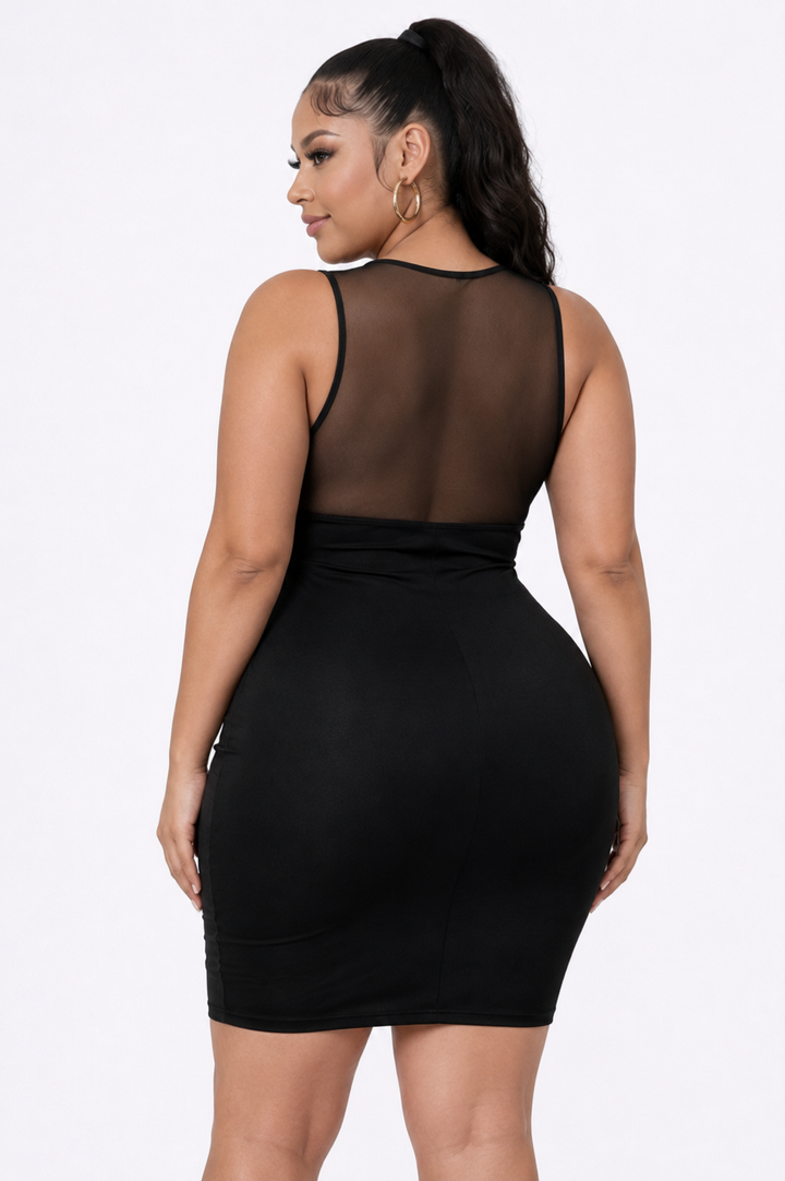 Plus size model wearing black mesh panel bodycon mini dress - back view showing mesh detail