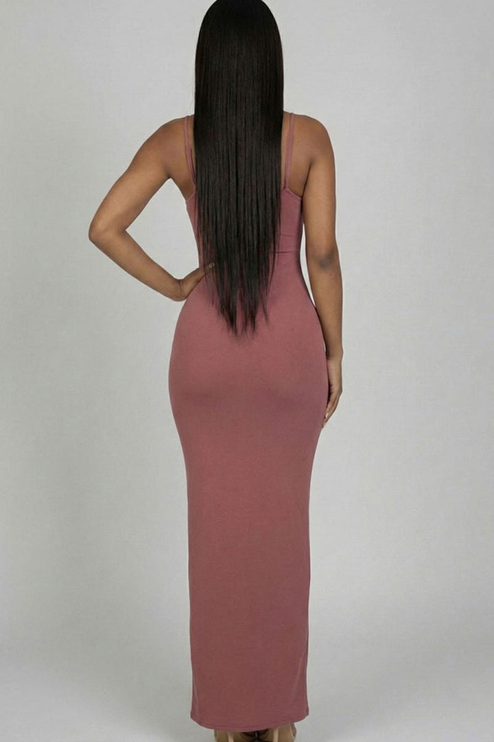 Spaghetti strap bodycon maxi dress in mauve — back view
