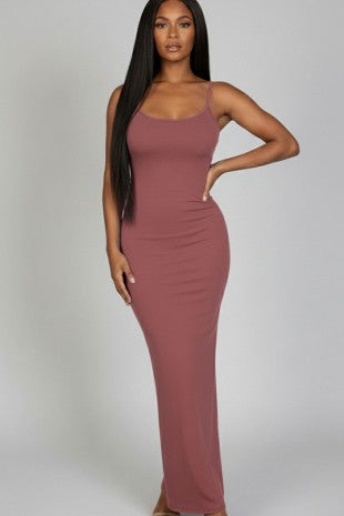 Spaghetti strap bodycon maxi dress in mauve — front view