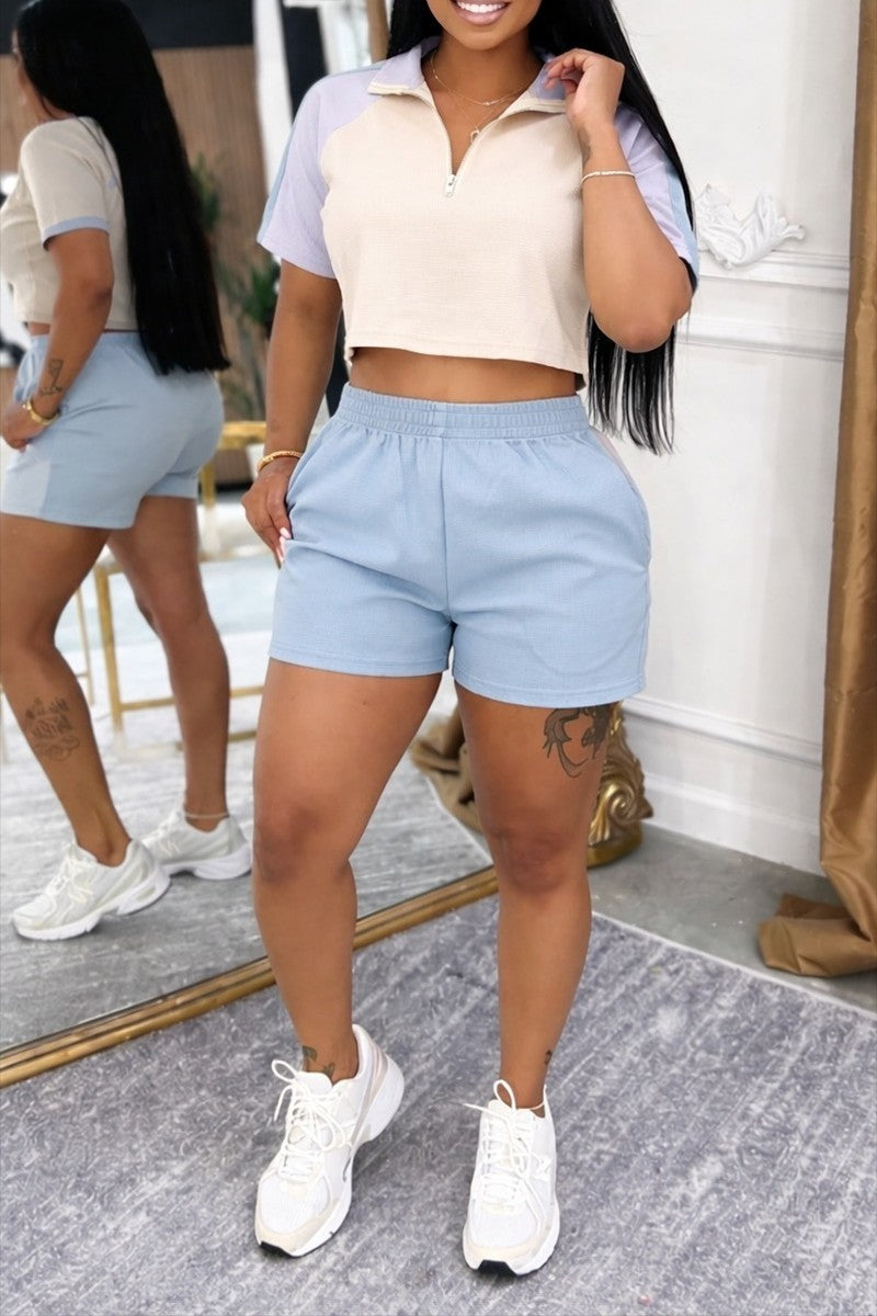 Lavender & Cream Colorblock Zip Crop Top & Shorts Set
