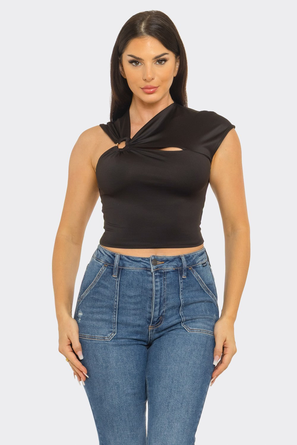 Twisted cutout ring crop top in black — front close-up