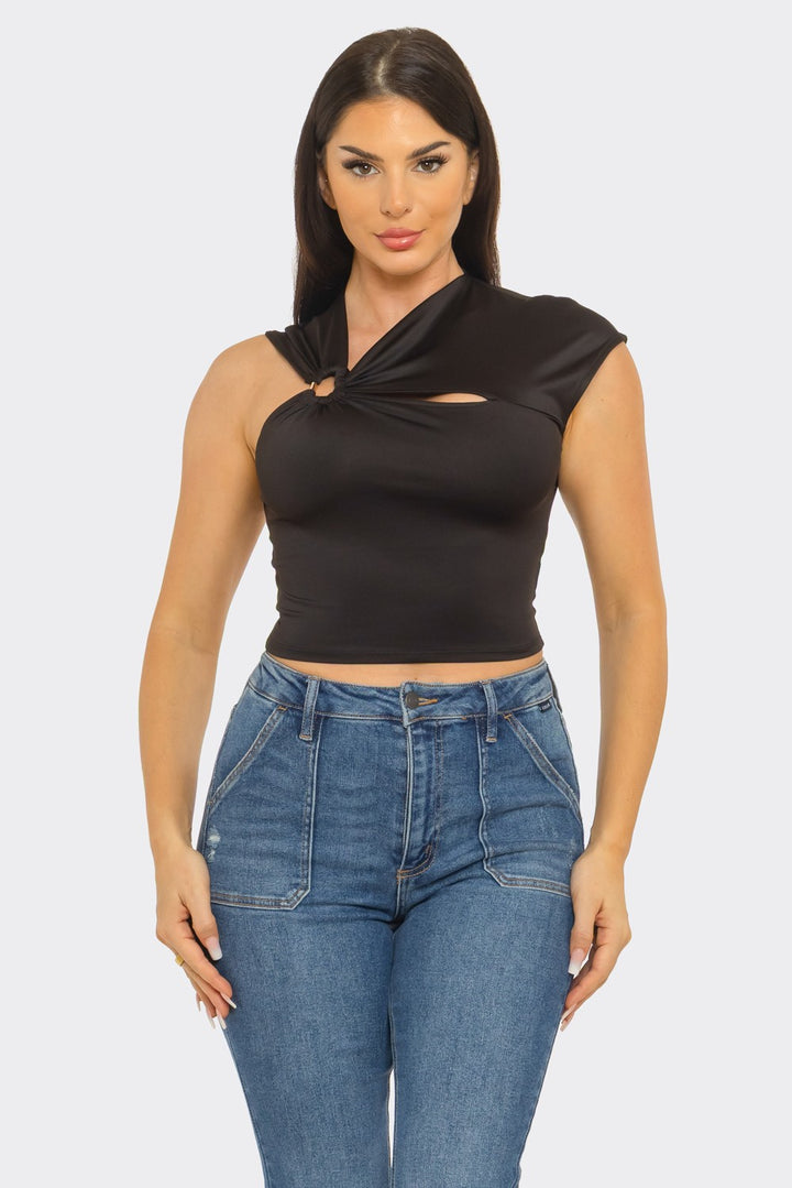 Twisted cutout ring crop top in black — front close-up