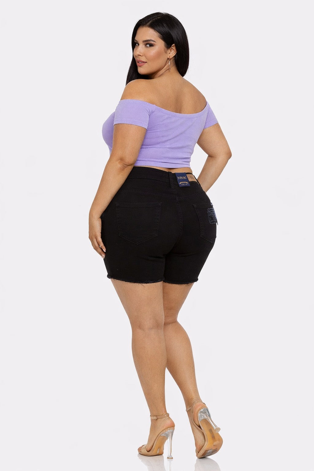 Plus size black distressed denim shorts - back view