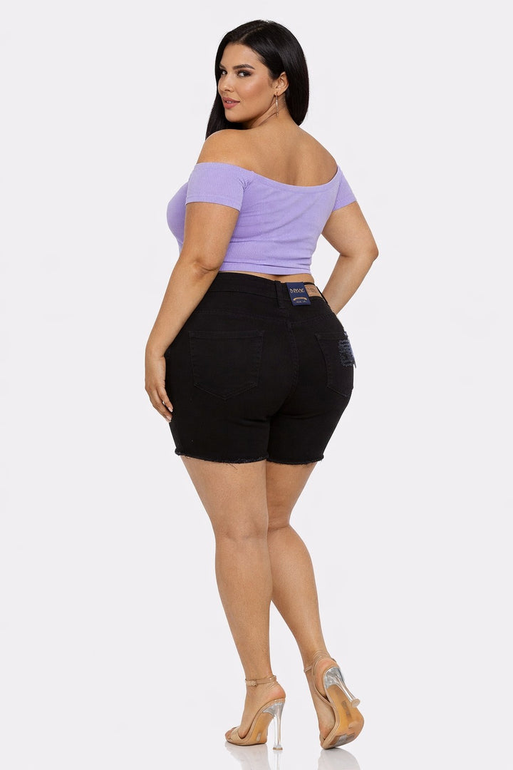 Plus size black distressed denim shorts - back view