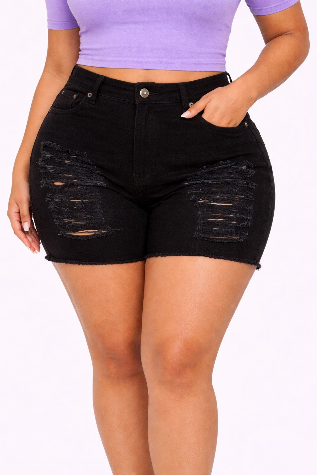 Plus size black distressed denim shorts - front view