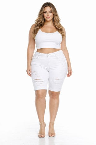 Plus Size White Out Distressed Denim Shorts