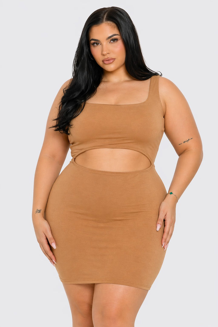 Square neck cutout bodycon mini dress in caramel — front view