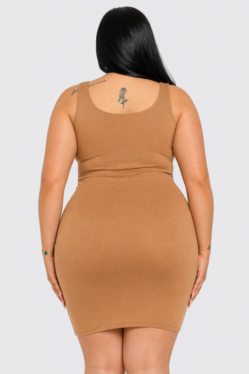 Square neck cutout bodycon mini dress in caramel — back view