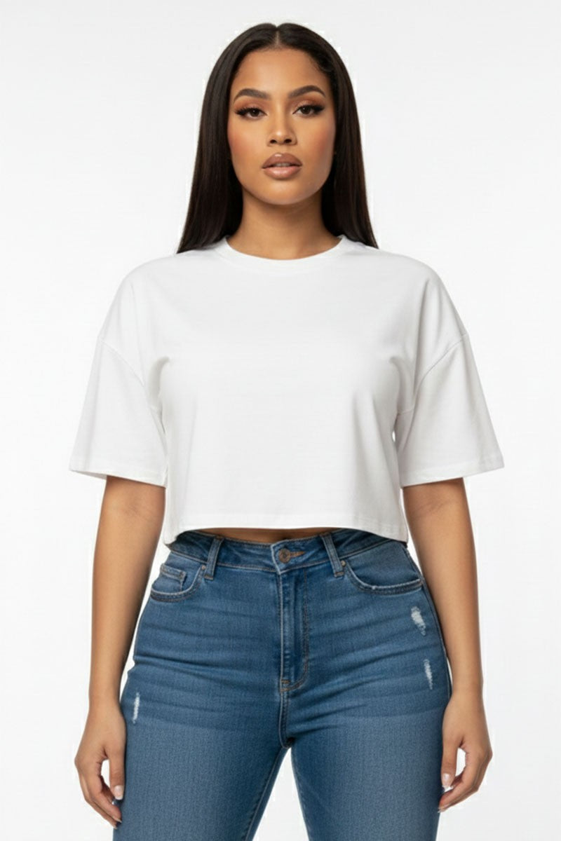 Oversized crop tee in white — front close-up