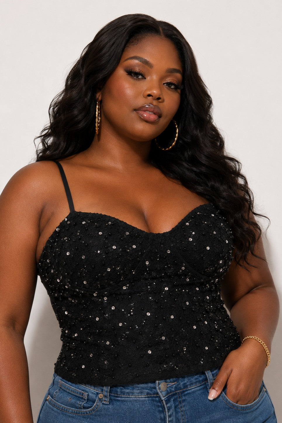 Plus Size Pearl and Rhinestone Detail Cami Top