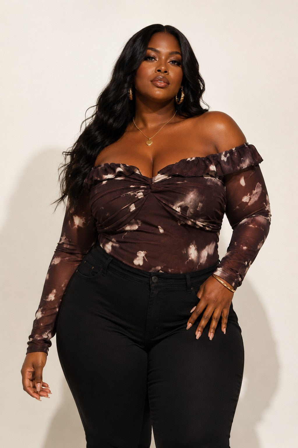 Plus Size Off Shoulder Mesh Twist Top