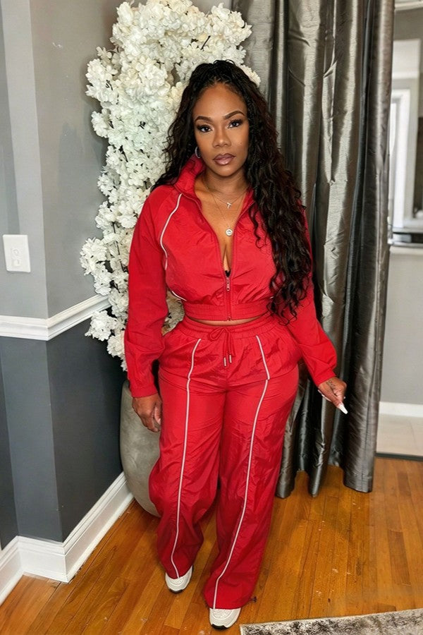 Trim Top Wide Leg Pants Set