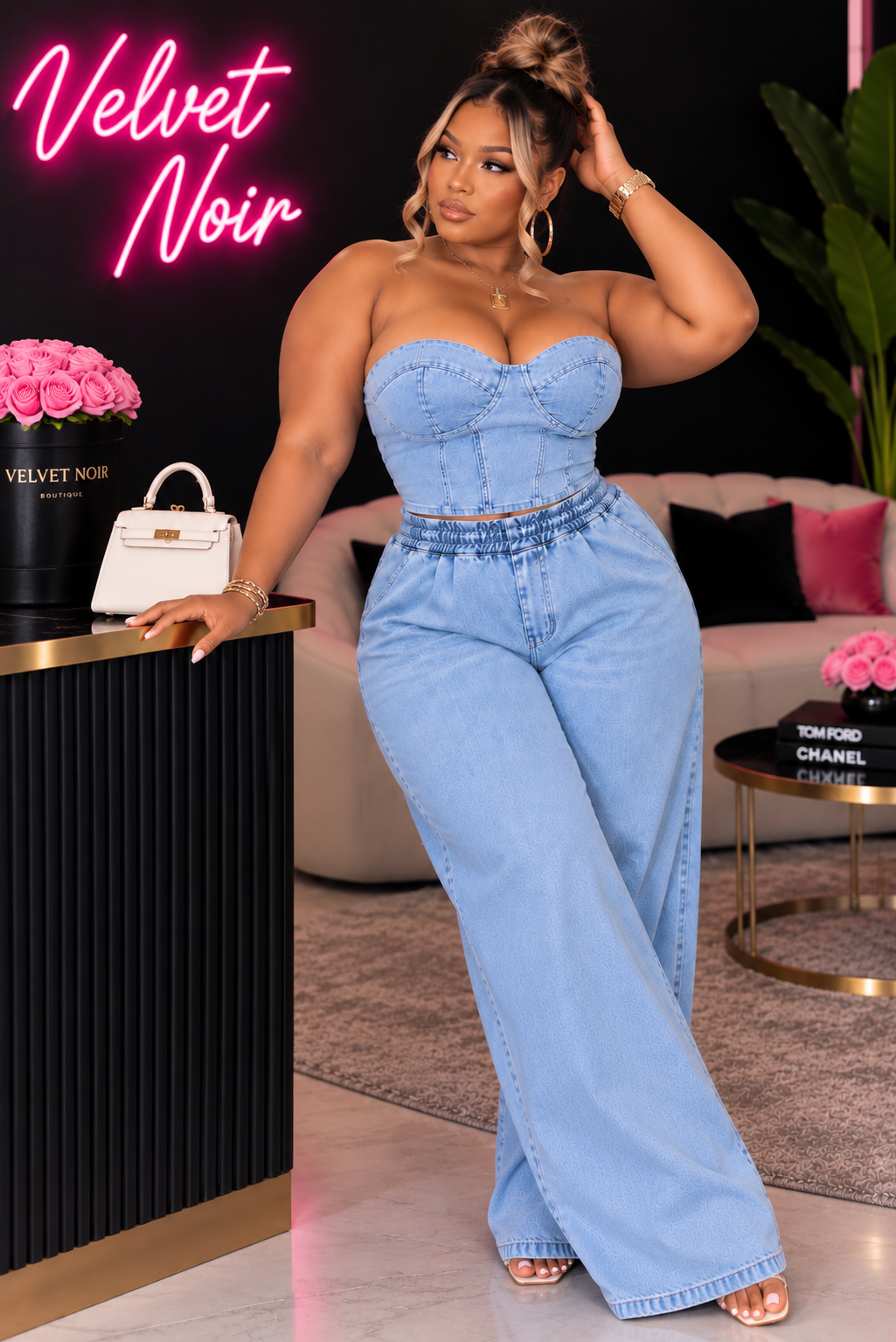 Curve Strapless Strapless Denim Wide Leg Two Piece Set