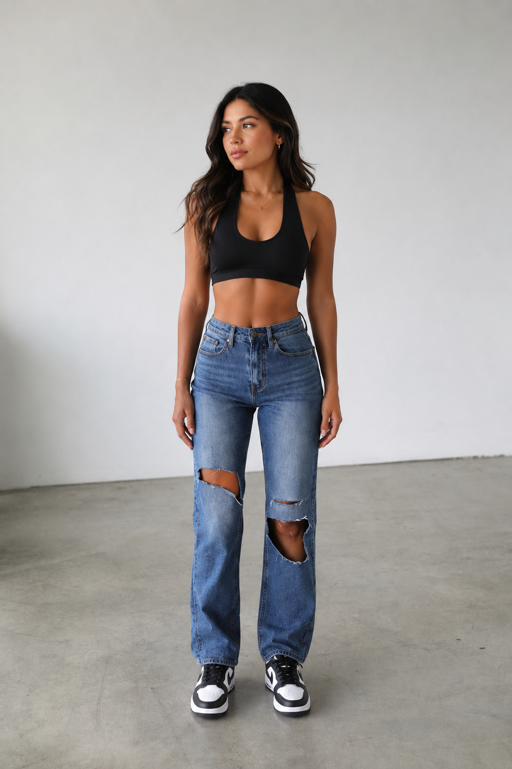 No stretch straight leg distressed jeans full length view