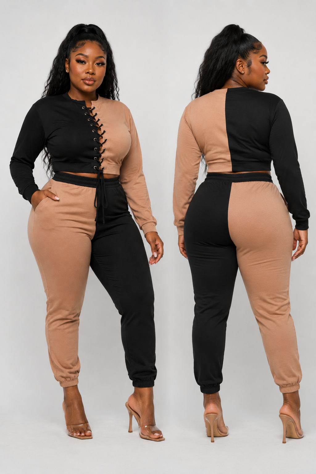 Colorblock Lace-Up Crop Top & Jogger Set