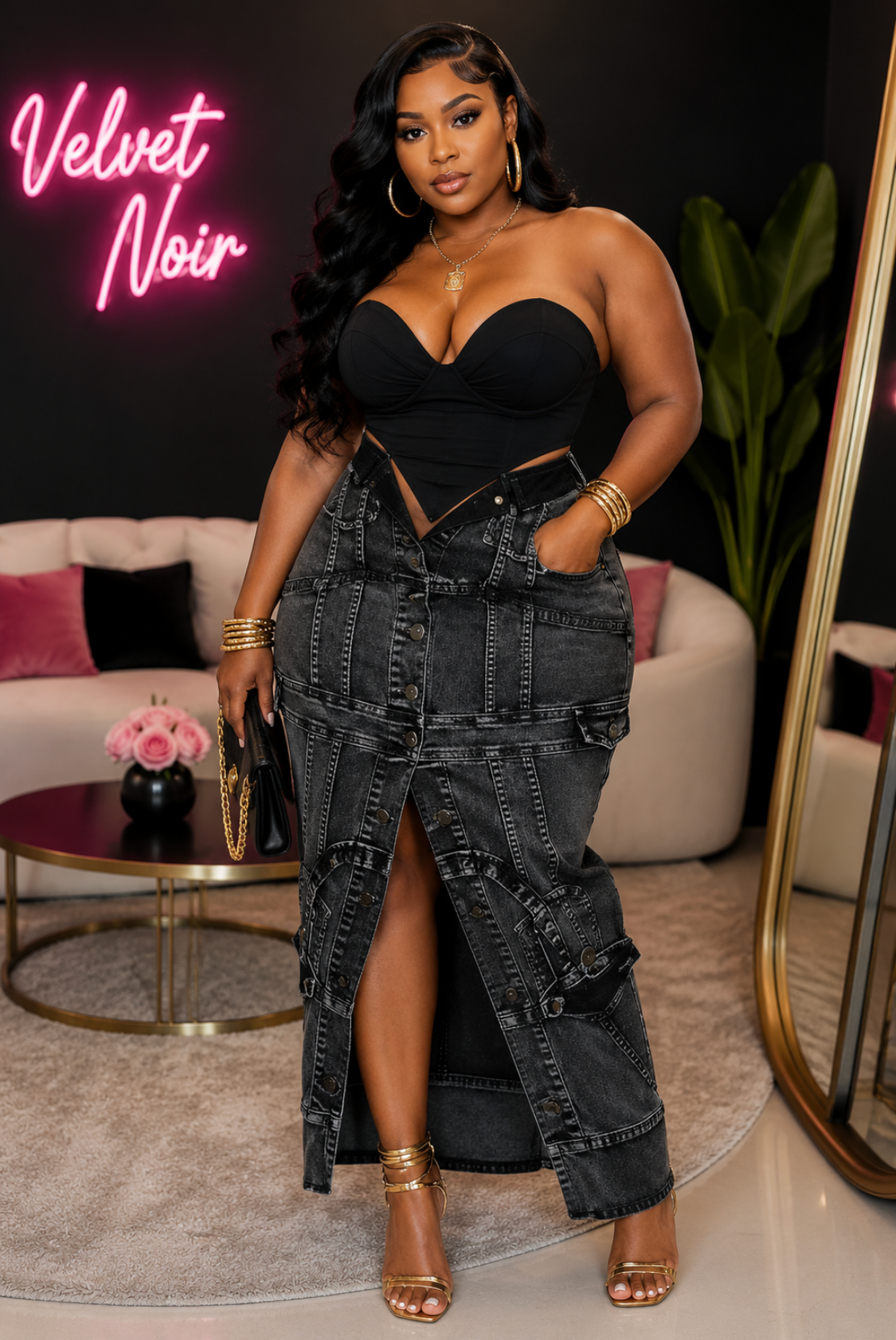 Jacket Inspired Acid Black Denim Skirt
