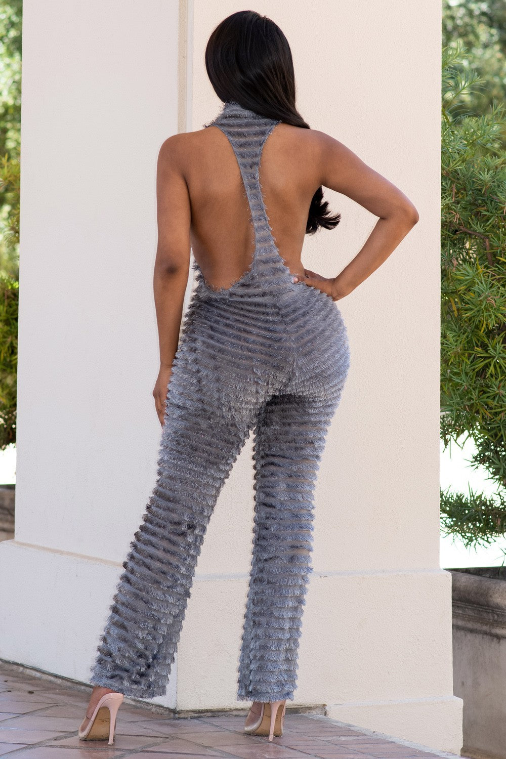 Fringe Halter Neck Open Back Jumpsuit