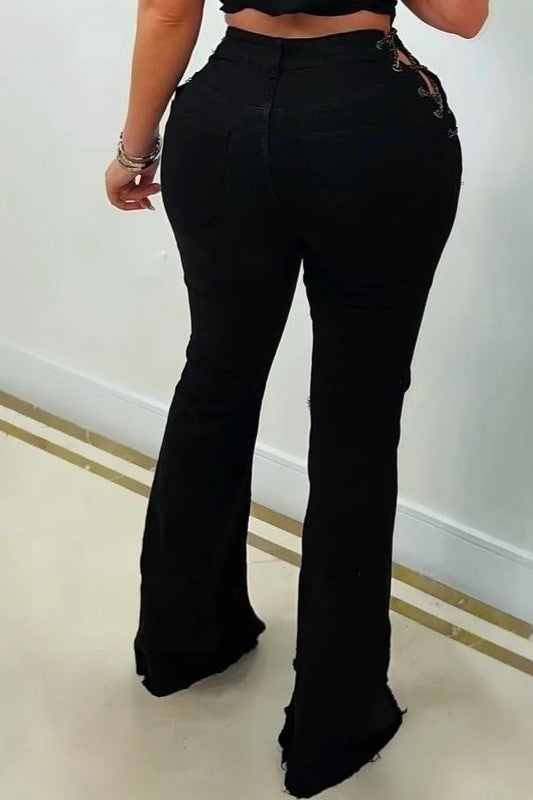 High Rise Black Over Dyed Distressed Flare Jeans – Chain Lace Up