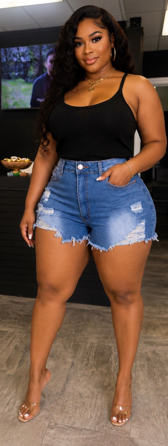 Medium Wash Distressed Denim Shorts