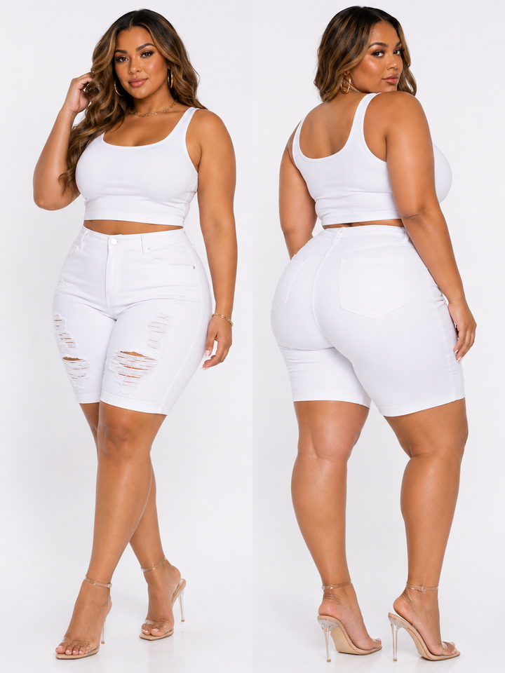 Plus Size White Out Distressed Denim Shorts