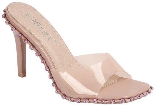 Nude rhinestone embellished stiletto mule heels - side view