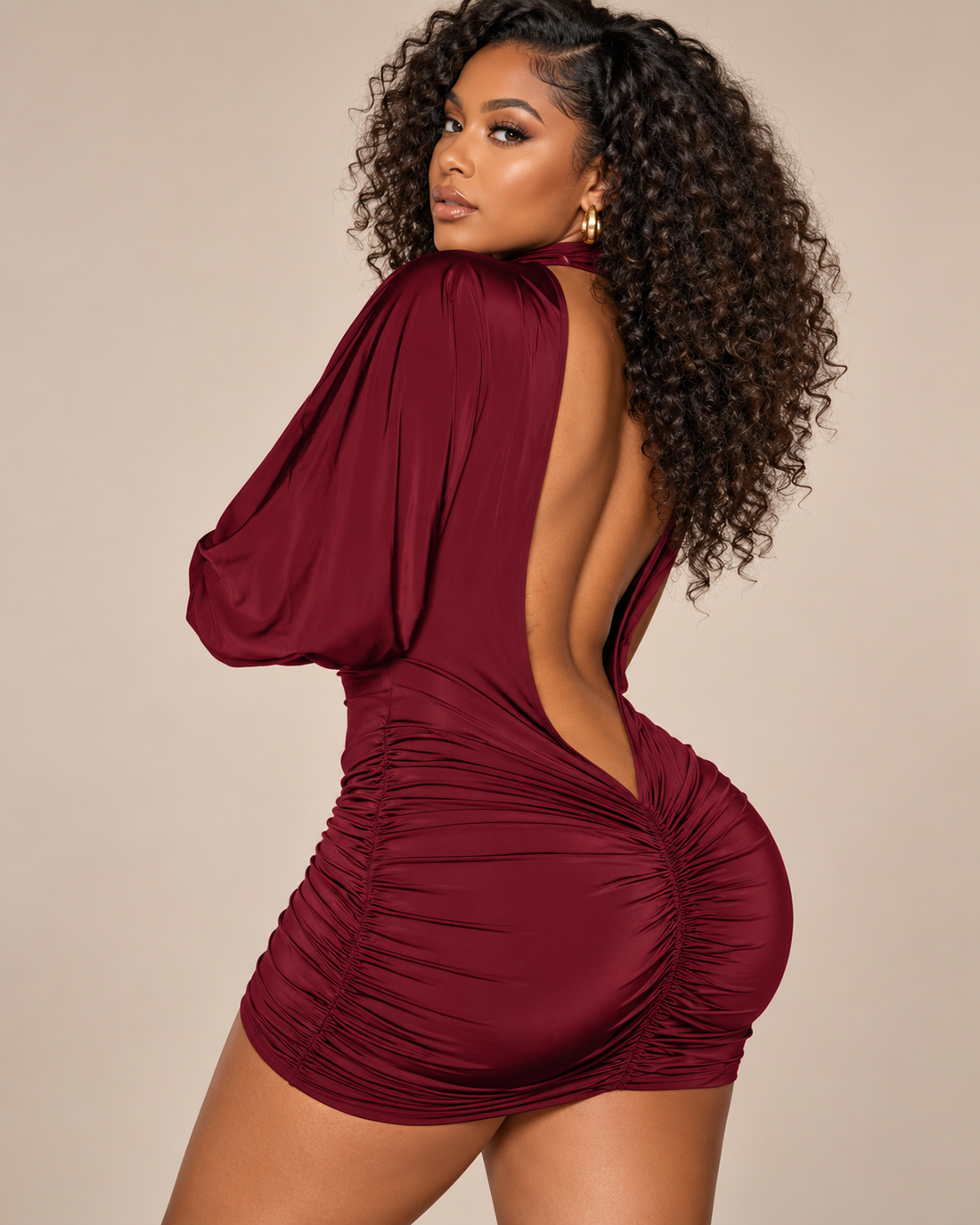 Backless Ruched Satin Bodycon Dress