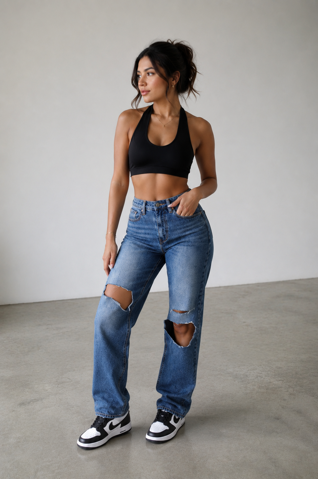 No stretch straight leg distressed jeans front view