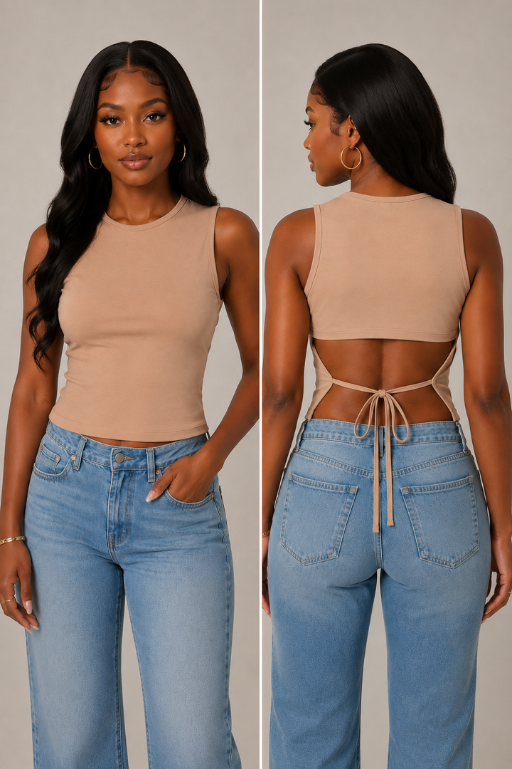 Open back tie ribbed crop tank in nude — front and back view