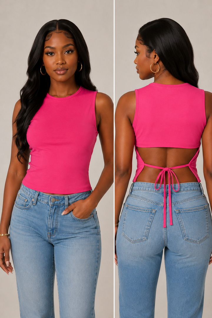 Open back tie ribbed crop tank in hot pink — front and back view