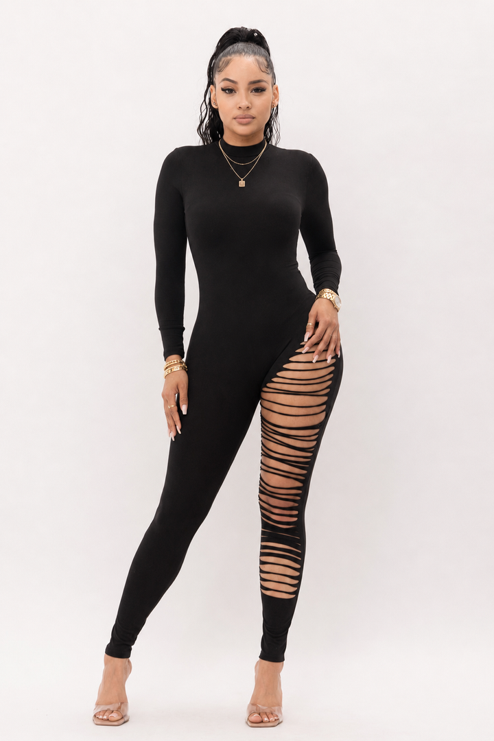 Long Sleeve Ripped Side Cutout Jumpsuit