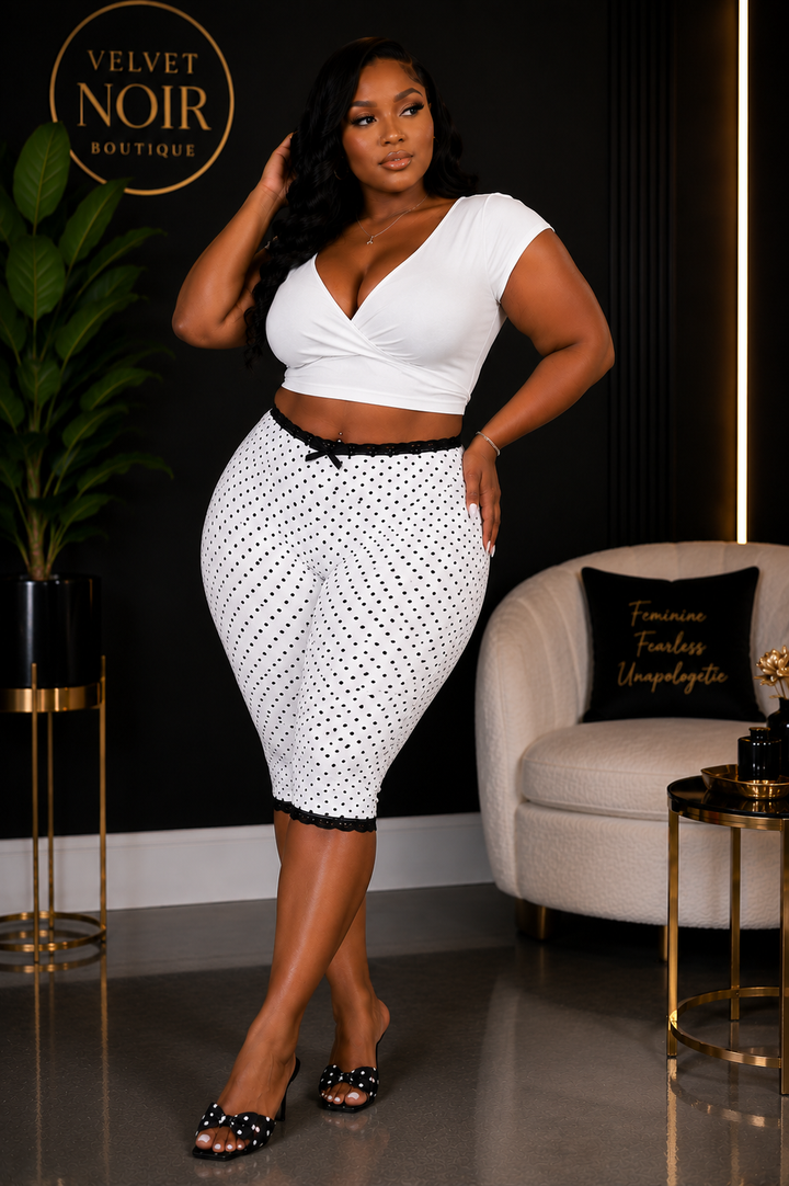 Plus size white polka dot lace trim capri pants - front view