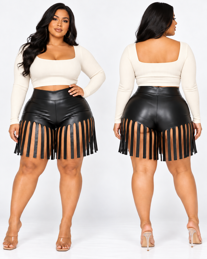 Leather Fringed Short Pants High Waisted Stretchy