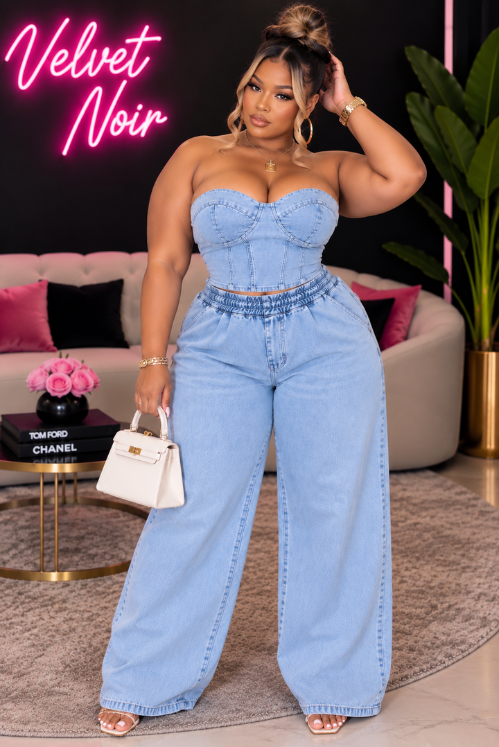 Curve Strapless Strapless Denim Wide Leg Two Piece Set