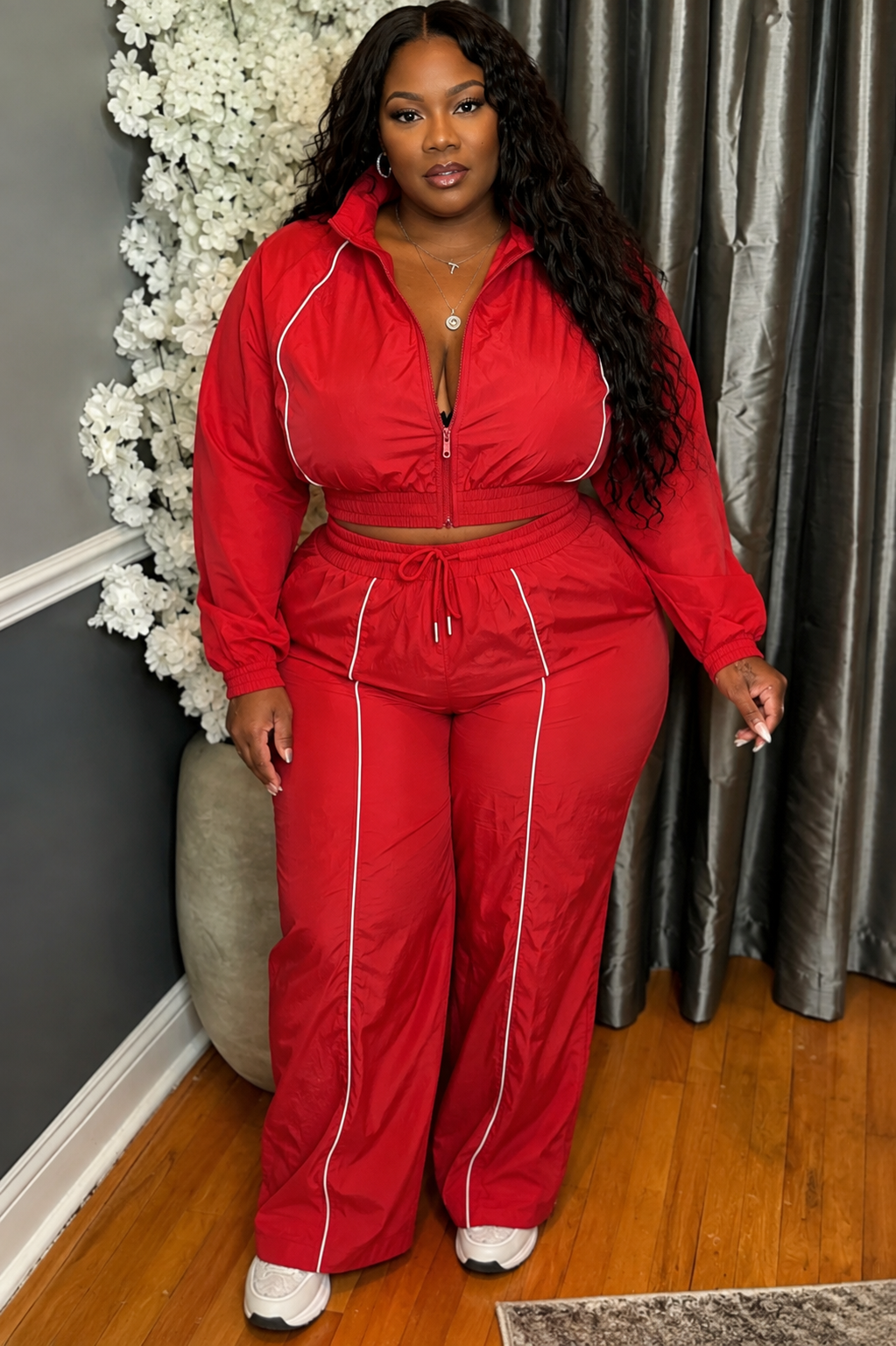 Curve Trim Top Wide Leg Pants Set