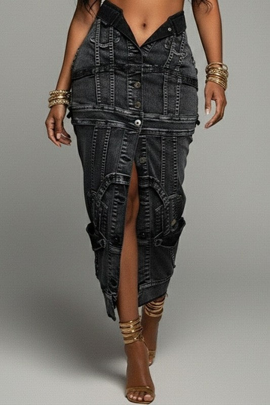 Jacket Inspired Acid Black Denim Skirt