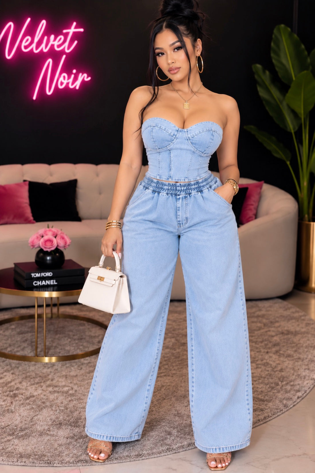 Strapless Denim Wide Leg Two Piece Set
