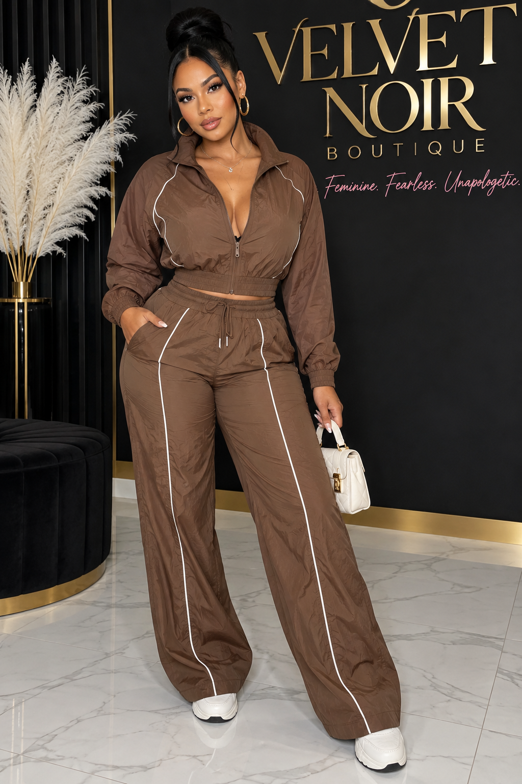 Trim Top Wide Leg Pants Set