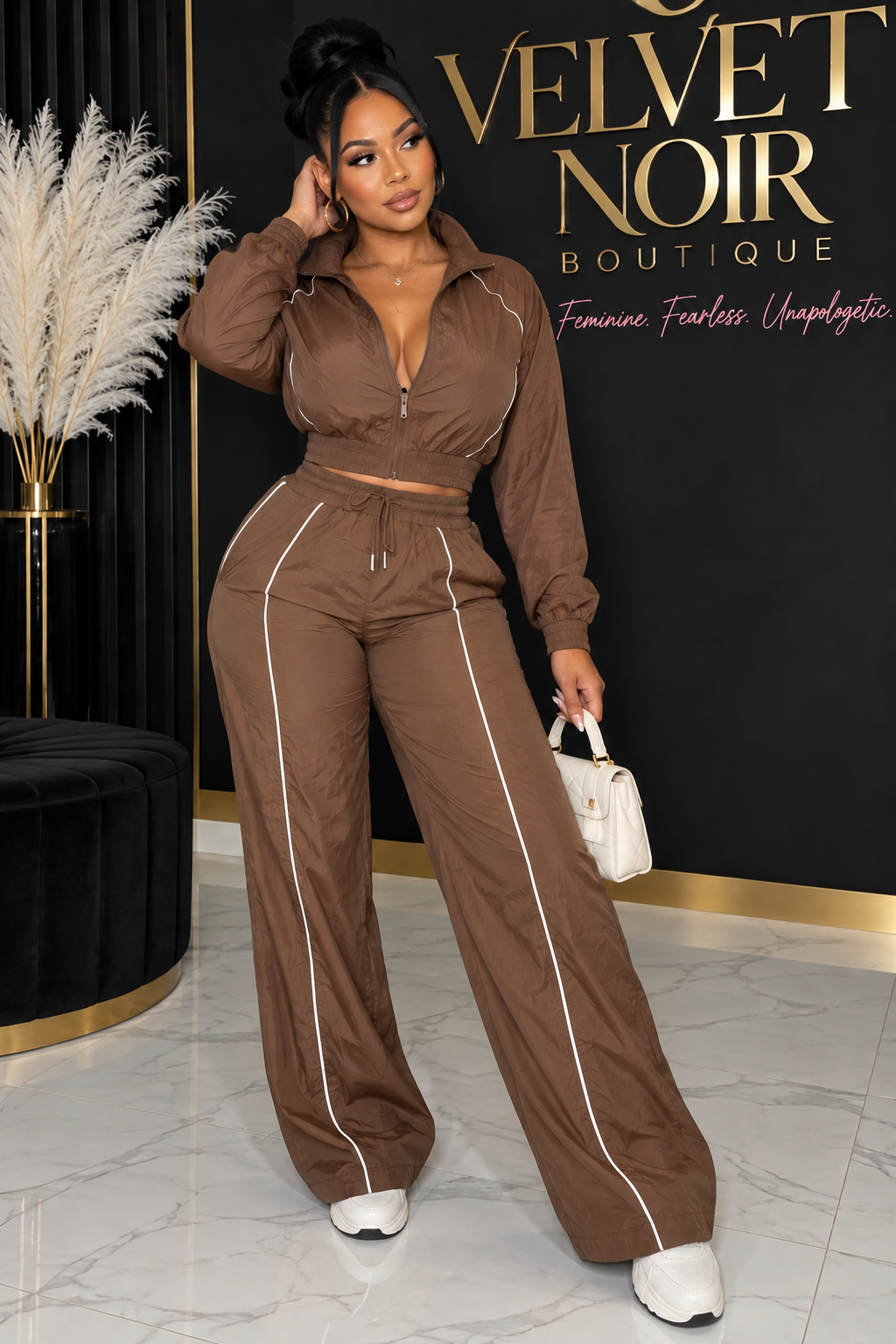 Trim Top Wide Leg Pants Set