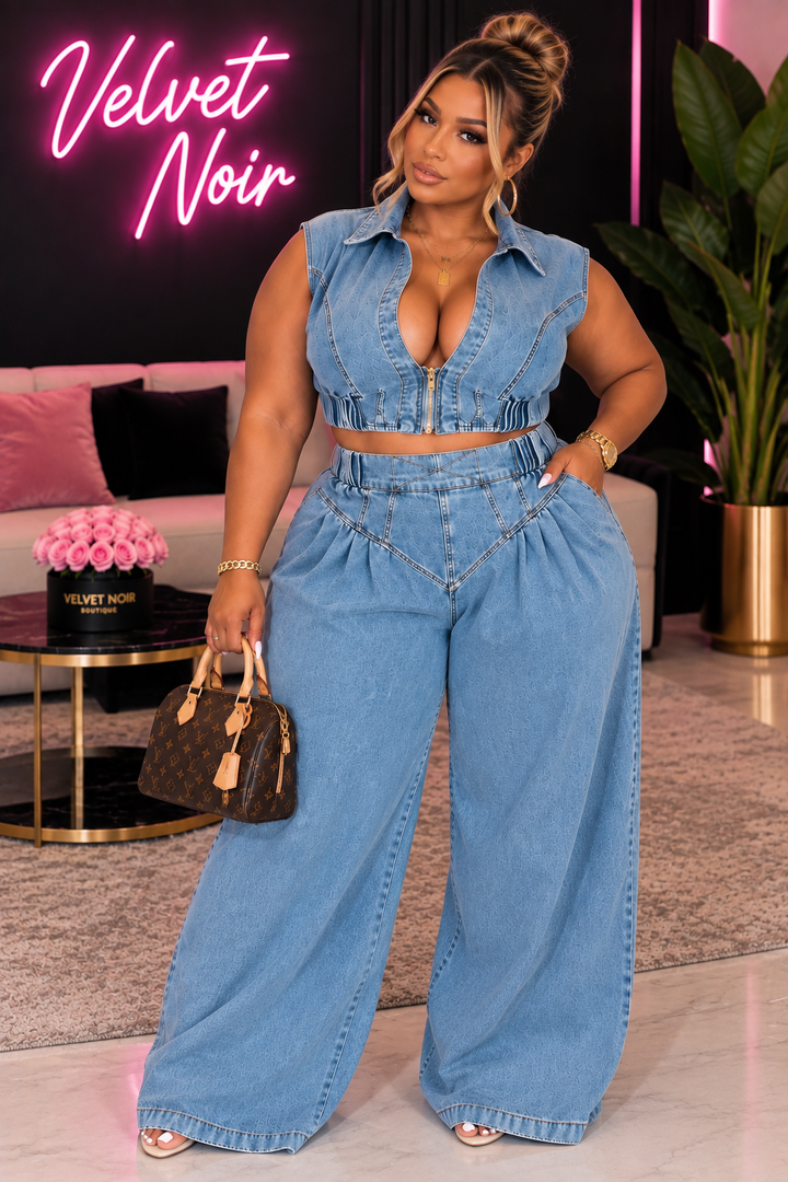 Curve-Sleeveless Denim Wide-leg Two Piece Set