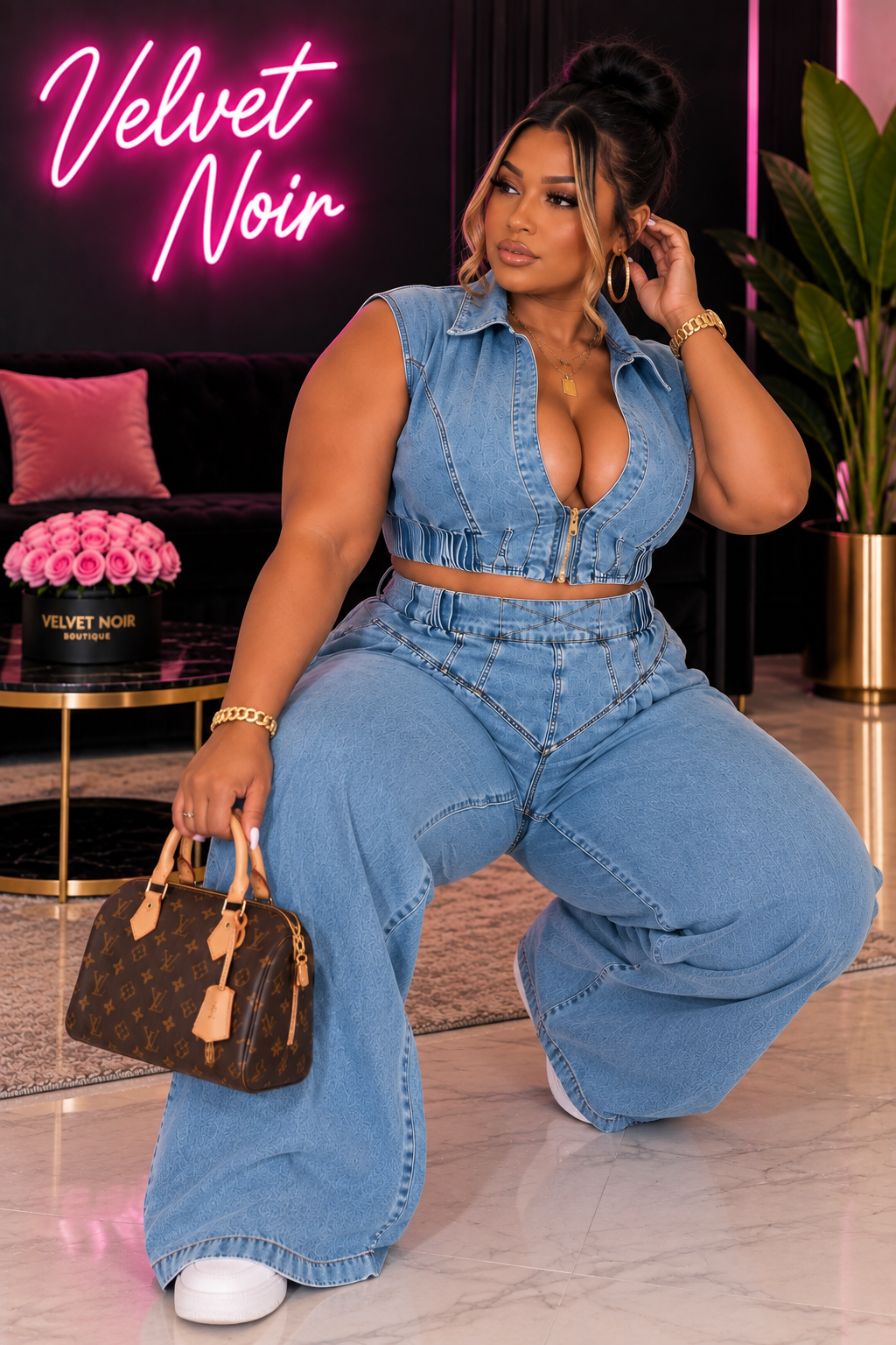 Curve-Sleeveless Denim Wide-leg Two Piece Set