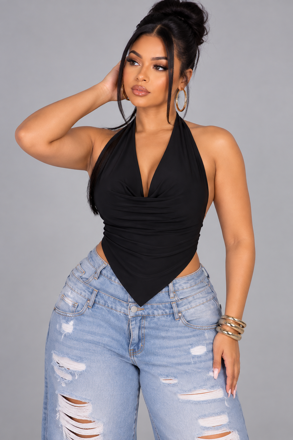 BLACK DRAPED HALTER TOP