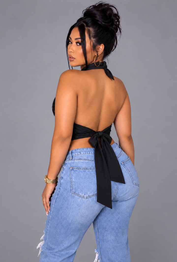 BLACK DRAPED HALTER TOP