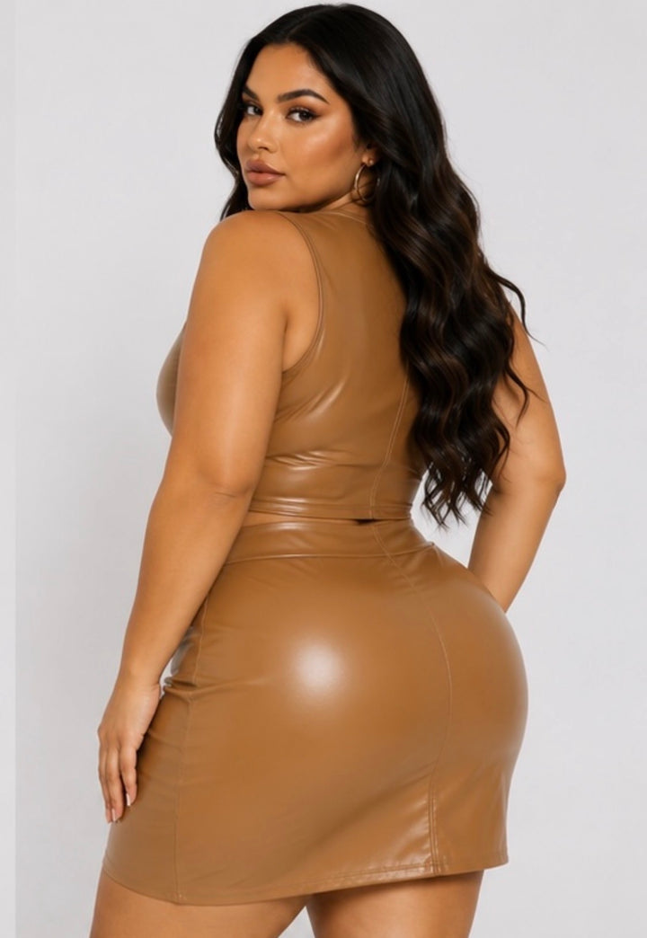Plus Size Faux Leather Cutout Crop Top & Mini Skirt Set