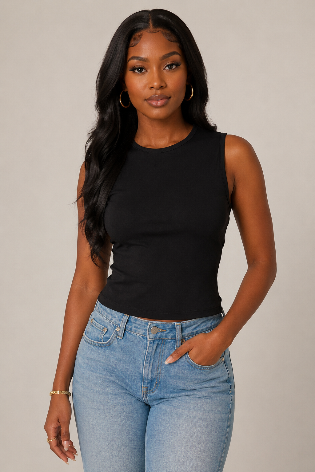 Open back tie ribbed crop tank in black — front view