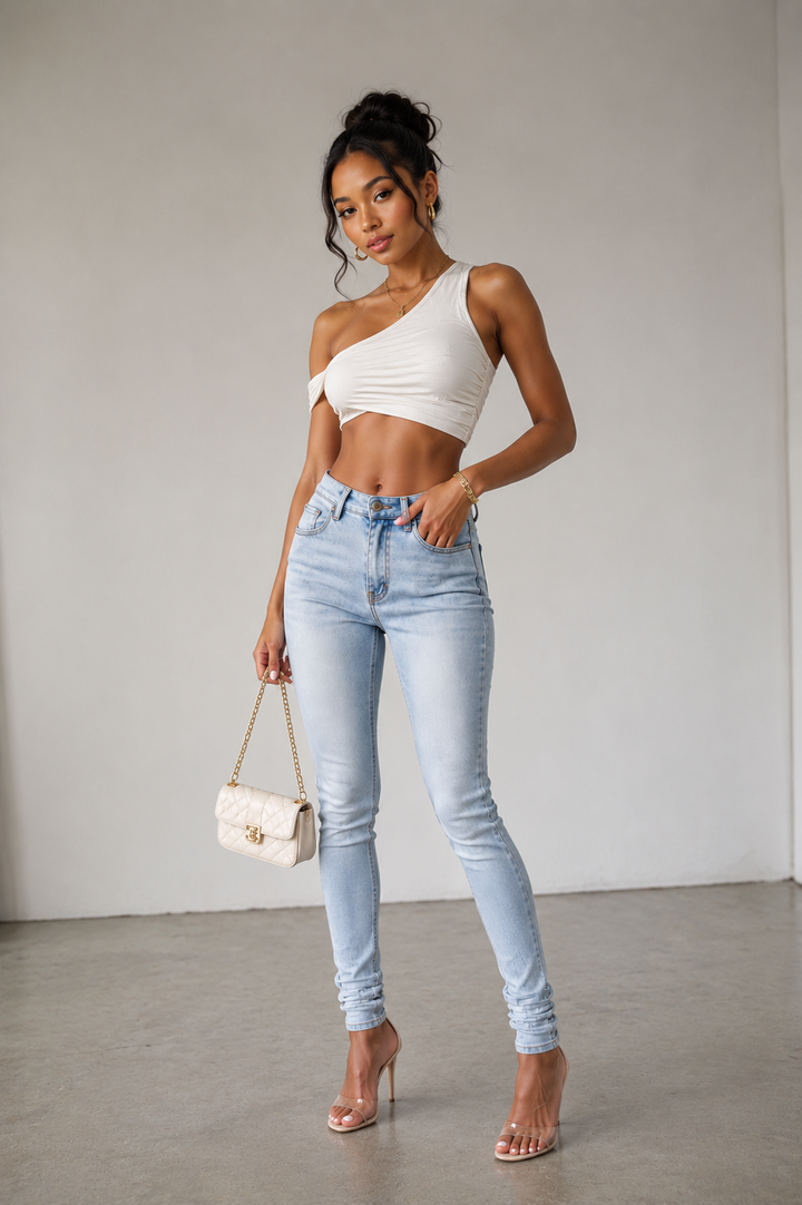 High rise skinny denim jeans side view