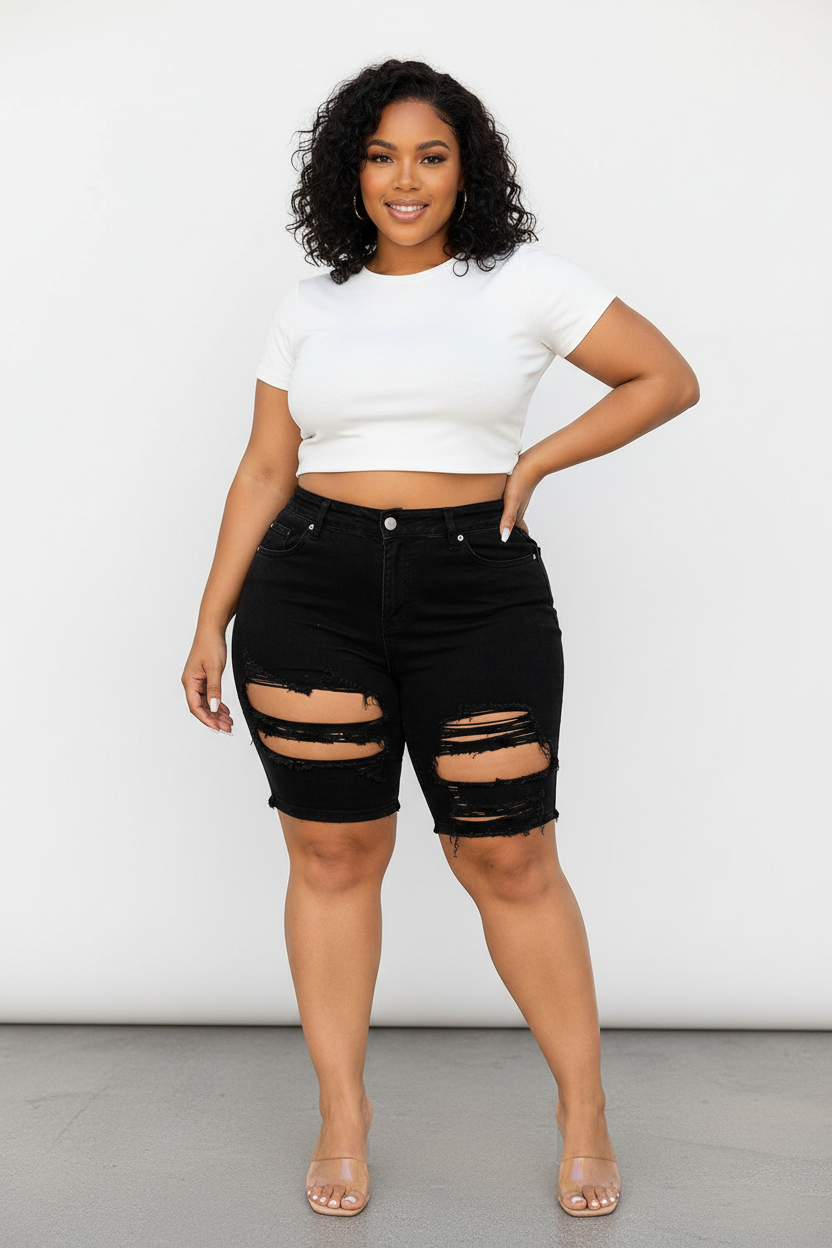 Plus Size Distressed Capri Shorts - Black Model