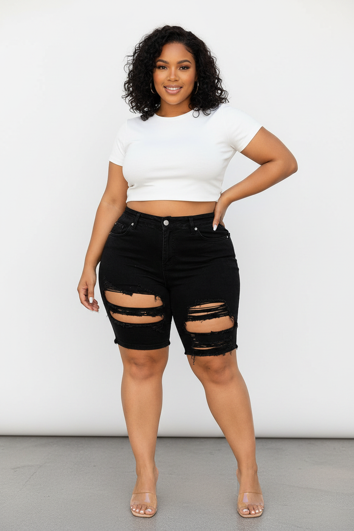 Plus Size Distressed Capri Shorts - Black Model